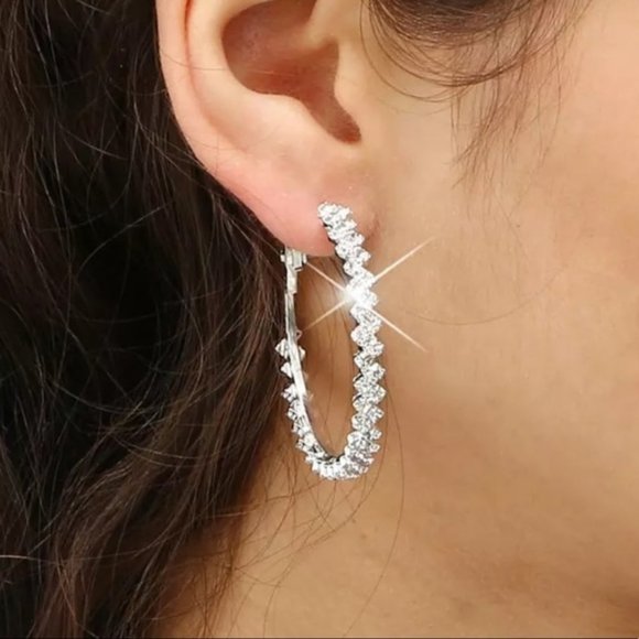 NEW 2'' Silver Round Diamond Hoop Earrings - Picture 2 of 9